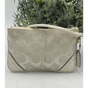 Coach Signature Monogram C Glacier White Canvas Leather Trim Wristlet Pouch‎